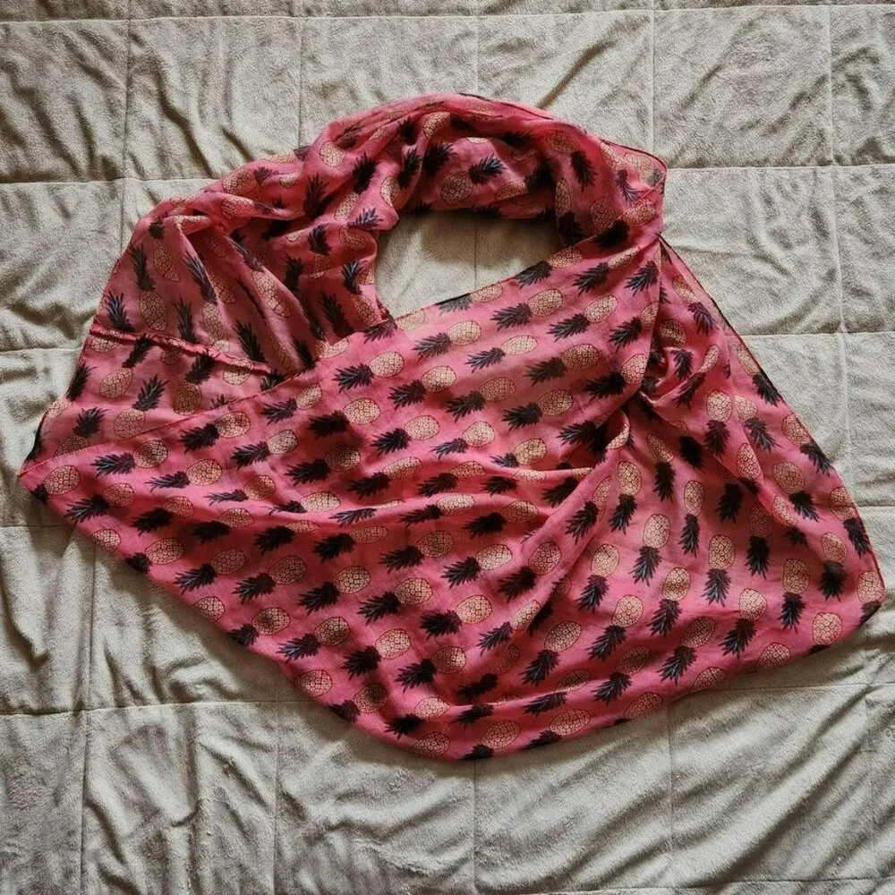 Vintage Y2K women pink & brown gauze scarf pineapples pattern cottage core boho